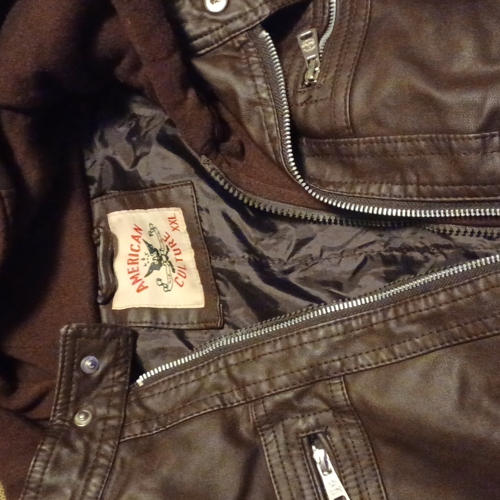Faux brown leather coat with hood